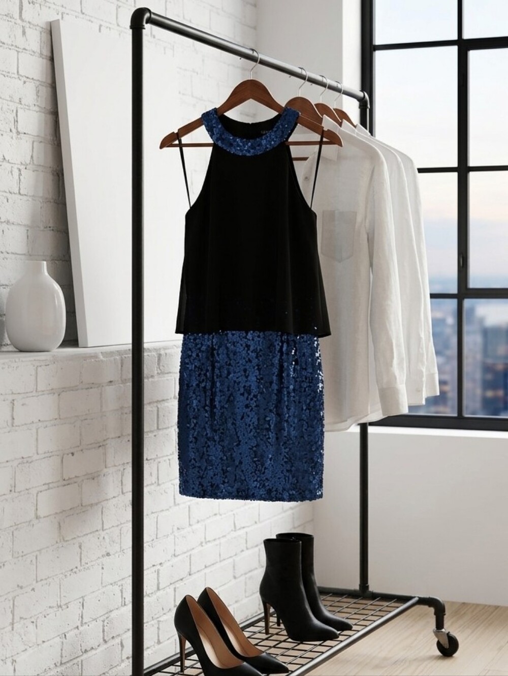 Guess Black Halter Top with Blue Sequin Mini Dress Size 8